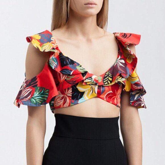 Alexis Tops - Women Alexis Camille Red Multicolor Floral Cold Shoulder Calypso Crop Top S